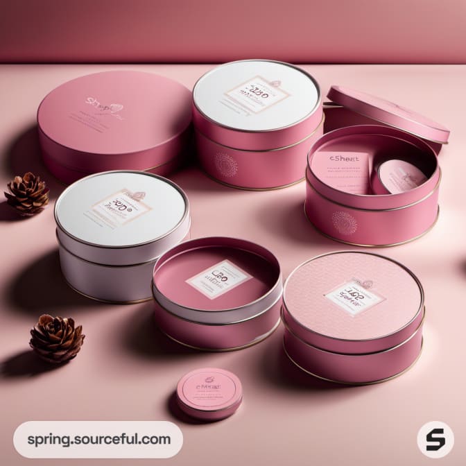 Pink round tins and pouches with wooden accents on a pink surface.