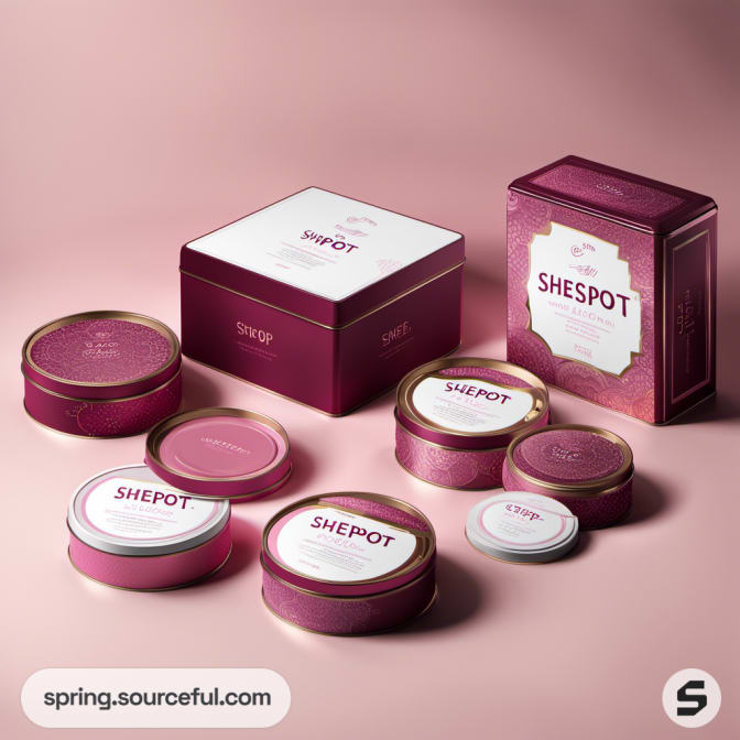 Various Shepot branded tins in pink and burgundy on a pink backdrop.