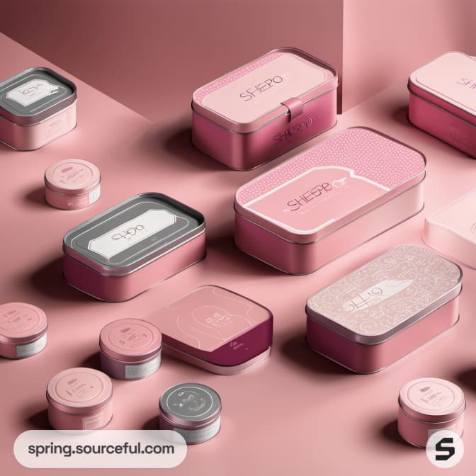 Rectangular and round pink tins arranged on a pink surface.