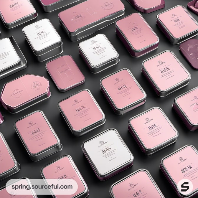 Array of pink and white square tins on a dark background.