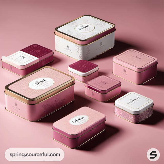 Assorted pink rectangular and square tins on a pink background.