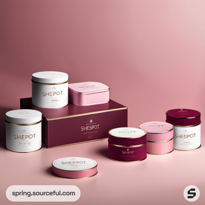 Series of Shepot pink round tins with a burgundy box on pink.