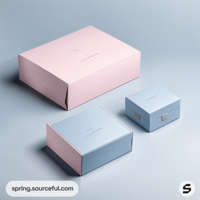 Pink and blue retail mailer boxes on a light background.