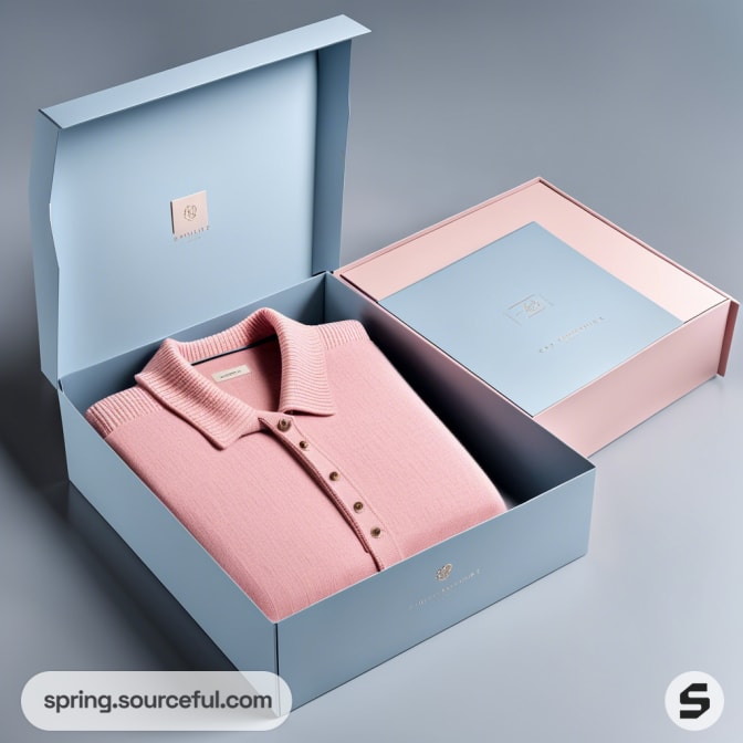 Open blue box with pink sweater, closed pink box next to it.