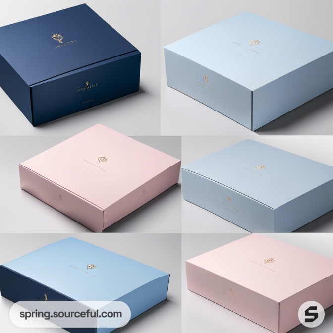 Multiple pink and blue retail boxes in various sizes.