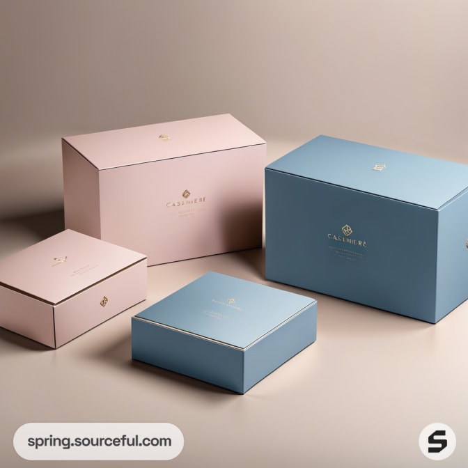 Open pink and blue boxes with folded sweaters inside.