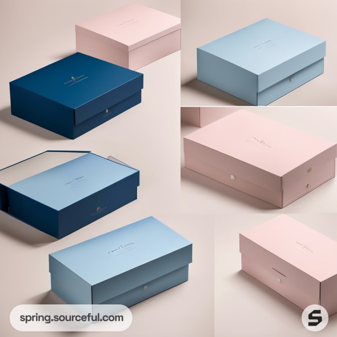 Open pink and blue boxes with knitted tops displayed.