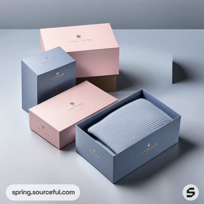 Pink and blue boxes with folded sweater on display.