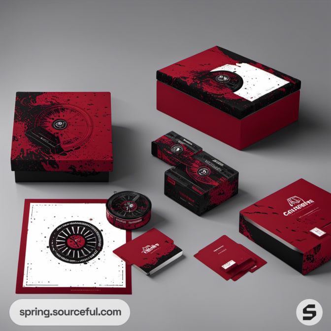 Red and black themed box with circular design elements.