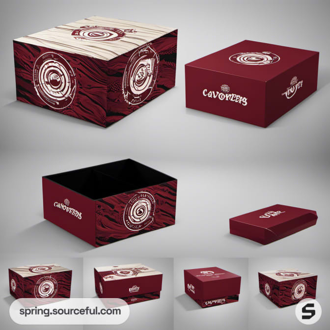 Dark red wavy texture box set with tree ring design.