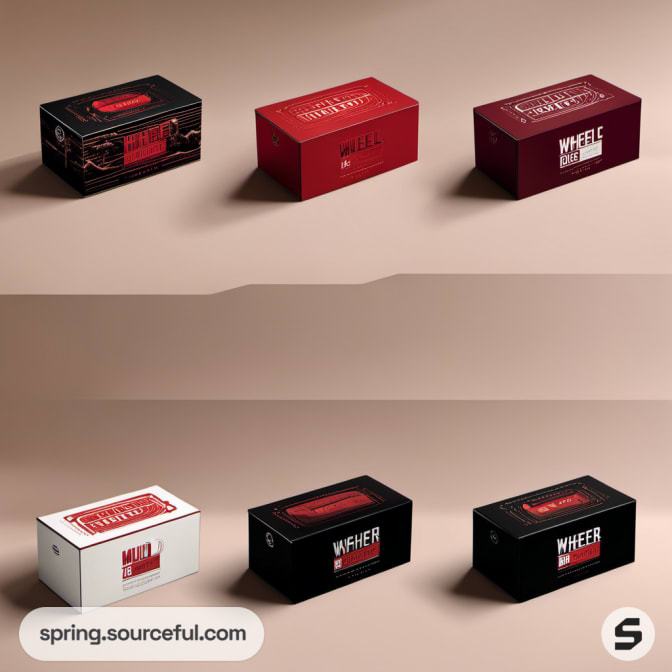 Rectangular boxes in red and black with typography.