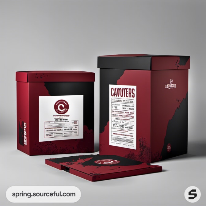 Tall red and black box with detailed typography and logo.