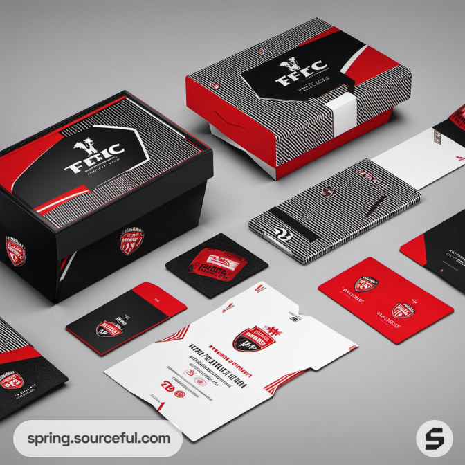 Red and black sports packaging including boxes and cards with team branding on a gray surface.