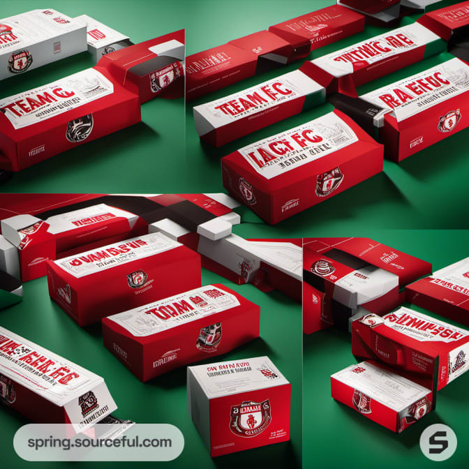 Red and white sports-themed boxes with various team names in bold on a green background.