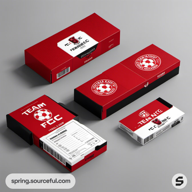 Red and black rectangular sports packaging boxes featuring soccer motifs on a gray surface.