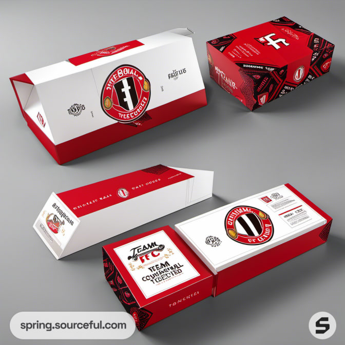 Red and white geometric patterned sports packaging boxes with team logos on a gray background.