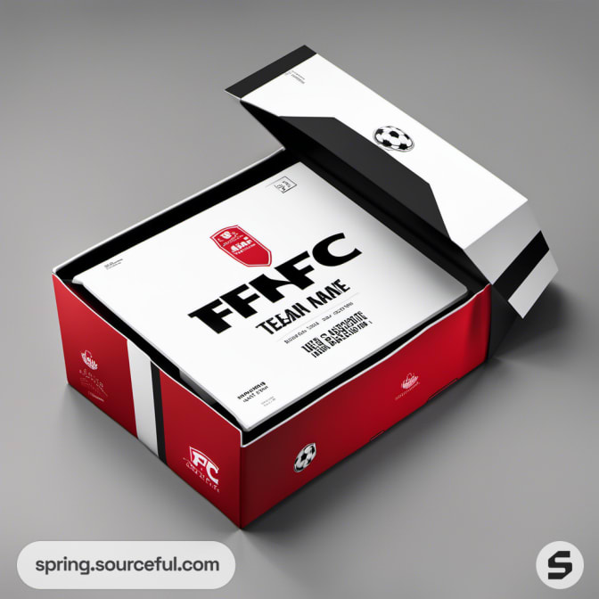Black and red rectangular box with white lid, featuring team name on gray surface.