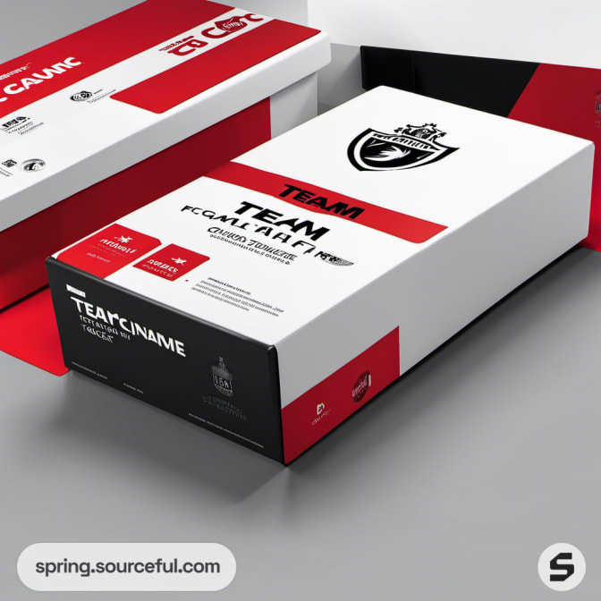 White, red, and black sports packaging box with team branding and details on a gray background.