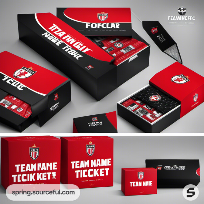Black and red boxes featuring organized sports merchandise with team branding.