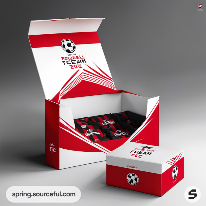Red and white open sports packaging box with soccer ball design on a gray surface.