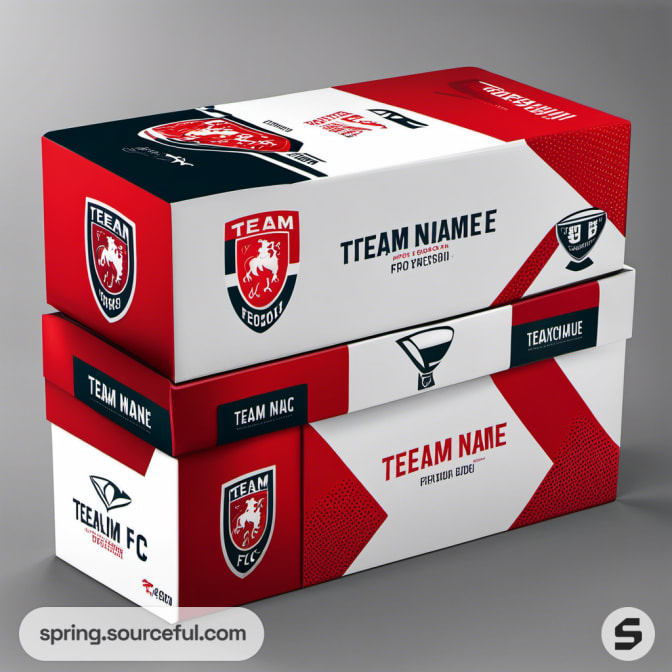 Sturdy red and white sports-themed shoe boxes with team branding and motifs.