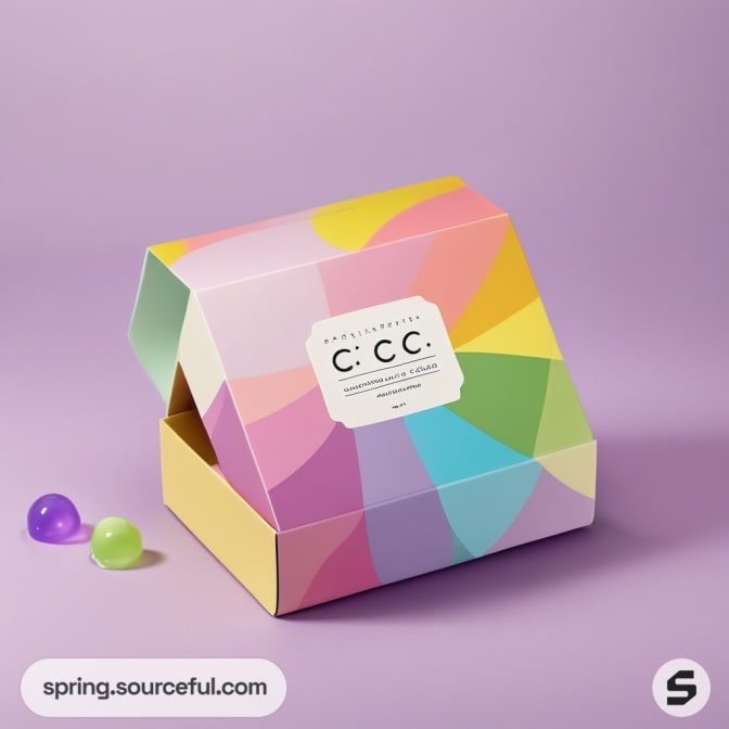 Rainbow box with two colorful spheres on purple backdrop.