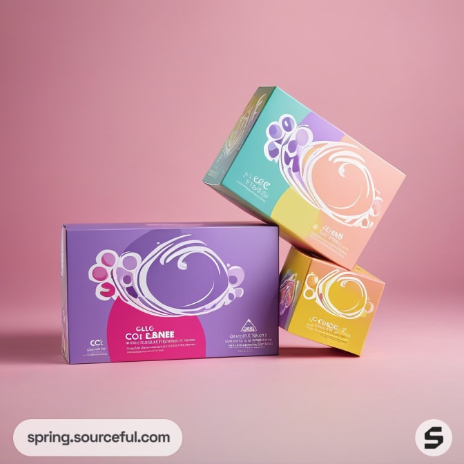 Colorful packaging with circular design on pink background.
