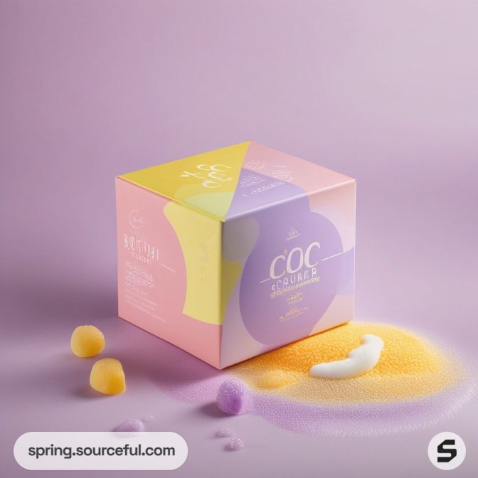 Cube box with pastel colors and foam shapes on purple surface.
