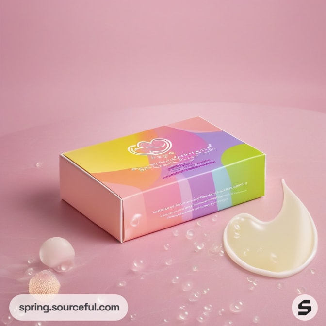 Rainbow box on pink surface with round foam shapes.