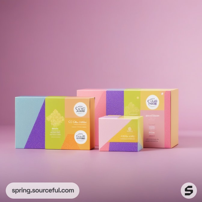Set of pastel boxes with geometric patterns on pink background.