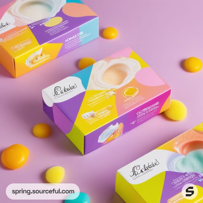 Colorful soap boxes with geometric designs and round shapes.