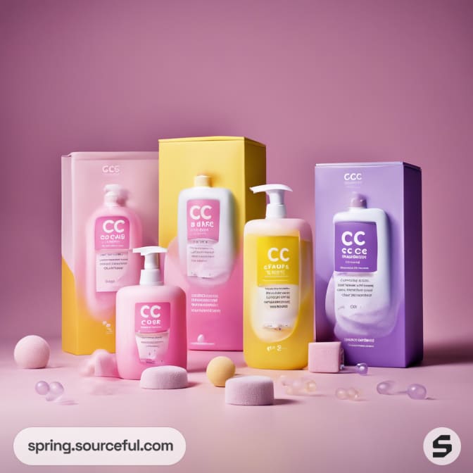 Skincare bottles and boxes in pastels against pink background.