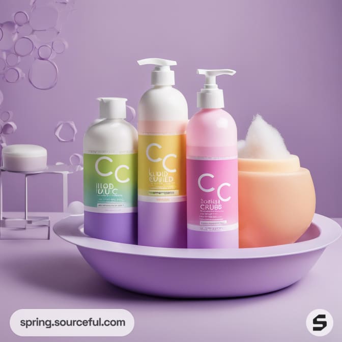 Three skincare bottles in tray with bubbles and foam.