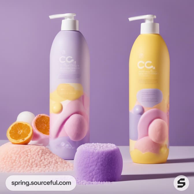 Two skincare bottles with pastel design next to slices and shapes.