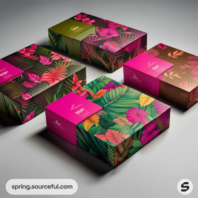 Colorful mailer boxes with tropical floral patterns in purple, green, pink, and brown hues on a light background.