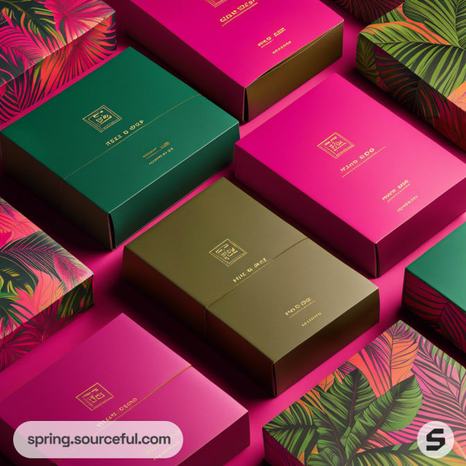 Vibrant mailer boxes in green and pink with tropical leaf patterns set on a colorful background.