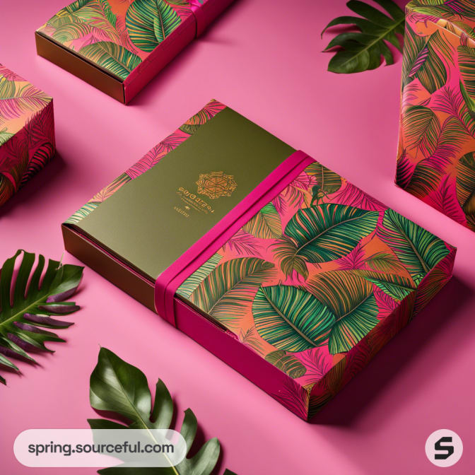 Tropical-themed gift boxes with vibrant green and pink leaf patterns on a pink background.