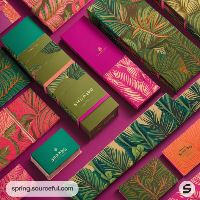 Colorful leaf-patterned rectangular packages with green and pink designs on purple background.