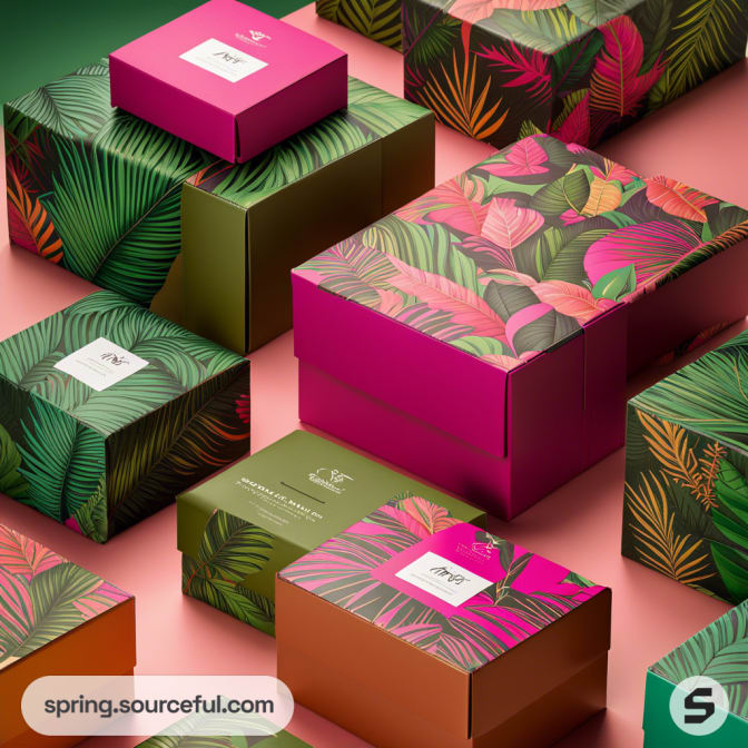 Colorful tropical-themed packaging in various sizes, featuring vibrant leaf patterns on pink, green, and brown boxes.