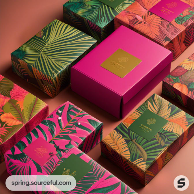 Colorful rectangular boxes with tropical leaf patterns on a gradient background.