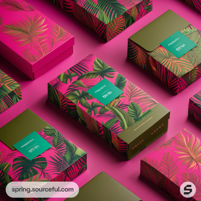 Tropical-themed packaging with green leaves on pink boxes and green labels on a pink background.