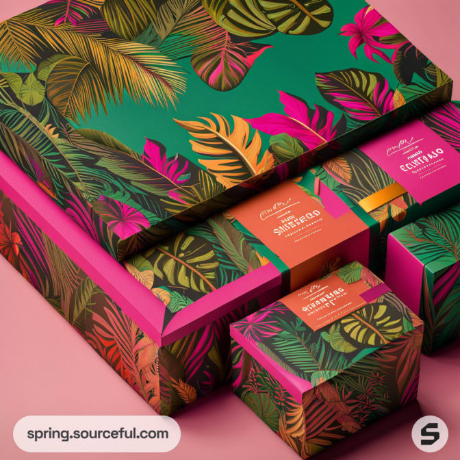 Colorful packaging with tropical leaf patterns on mailer boxes against a pink background.