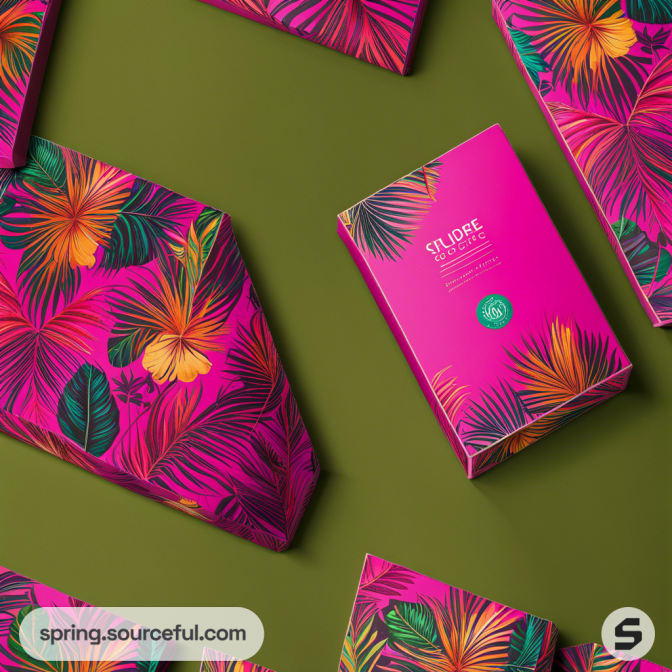 Tropical-themed box and wrapping paper on green background.
