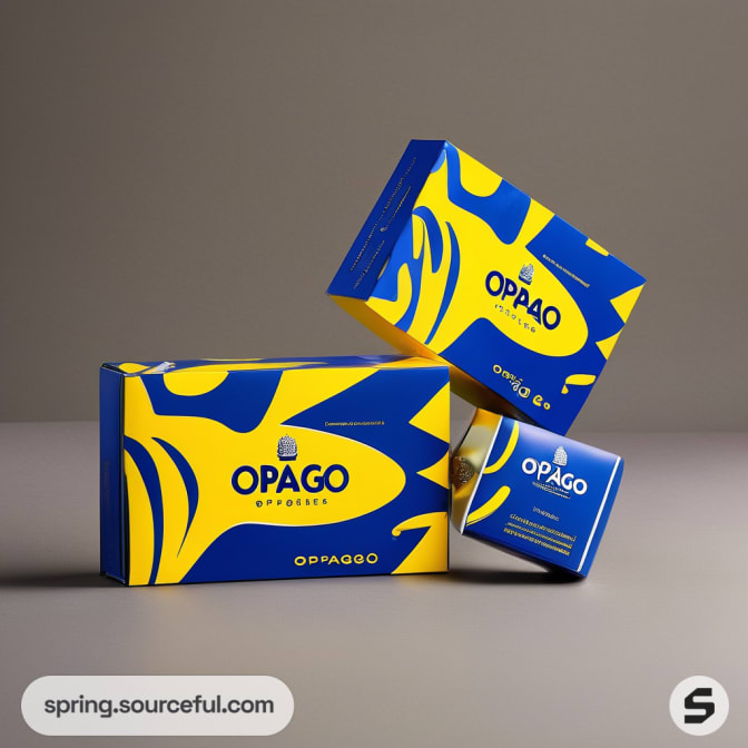 Blue and yellow abstract design on packaging boxes.