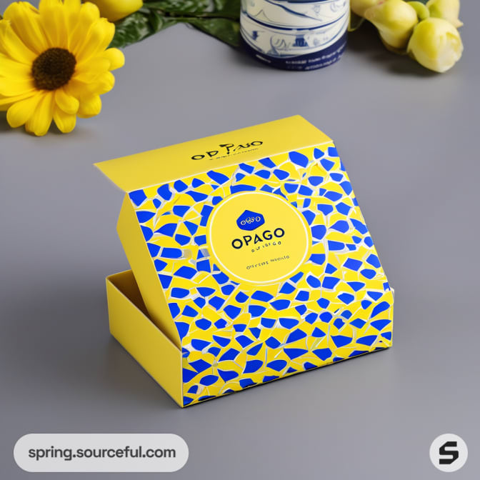 Yellow box with blue geometric pattern on top.