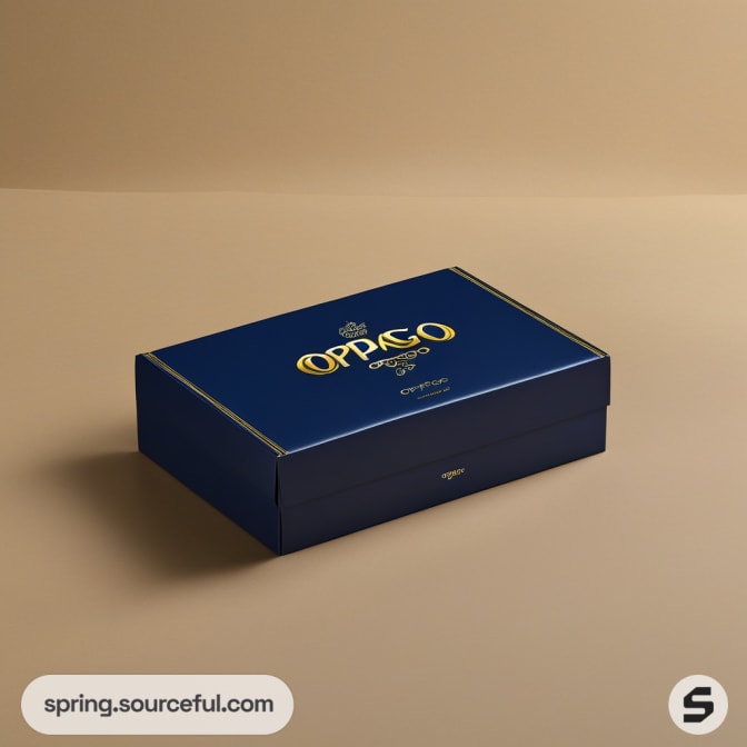 Elegant navy blue packaging box with gold lettering.