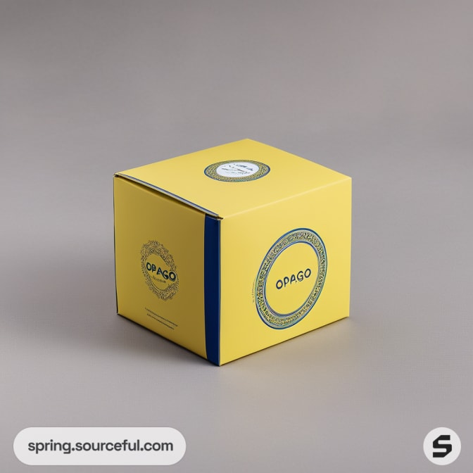 Square yellow box with circular design and text.