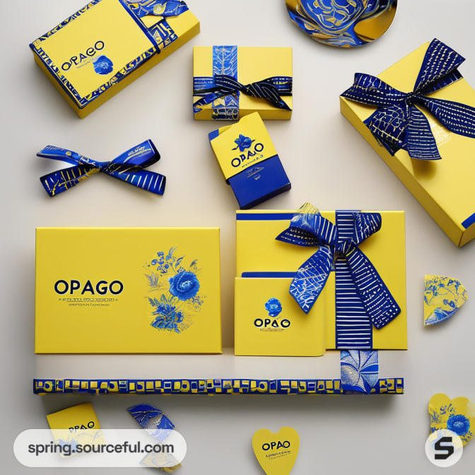 Assorted gift boxes wrapped in blue and yellow ribbons.
