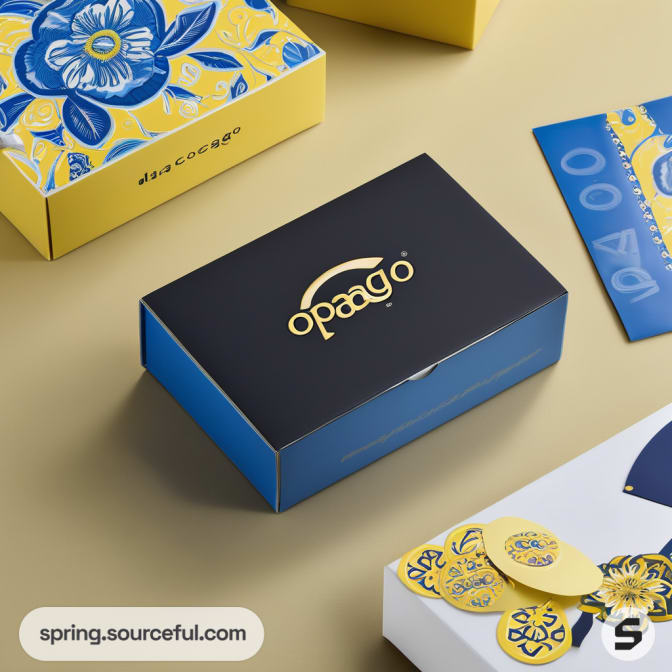 Black box with blue sides and floral detail packaging.