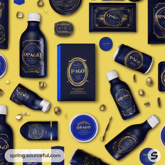 Various blue and yellow packaged bottles and containers.